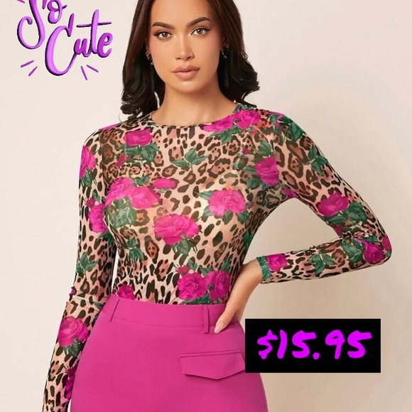 Super stylish cheetah print and hot pink roses long sleeve sheer top - Picture 2 of 3